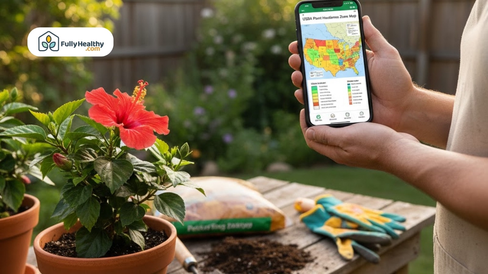 Gardener checking USDA plant hardiness zone map on smartphone outdoors
