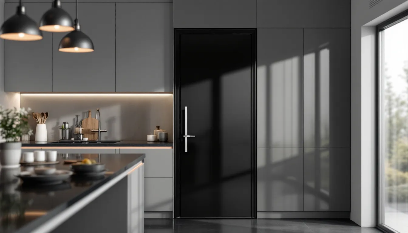 A black interior door in a stylish kitchen, demonstrating functionality and design.