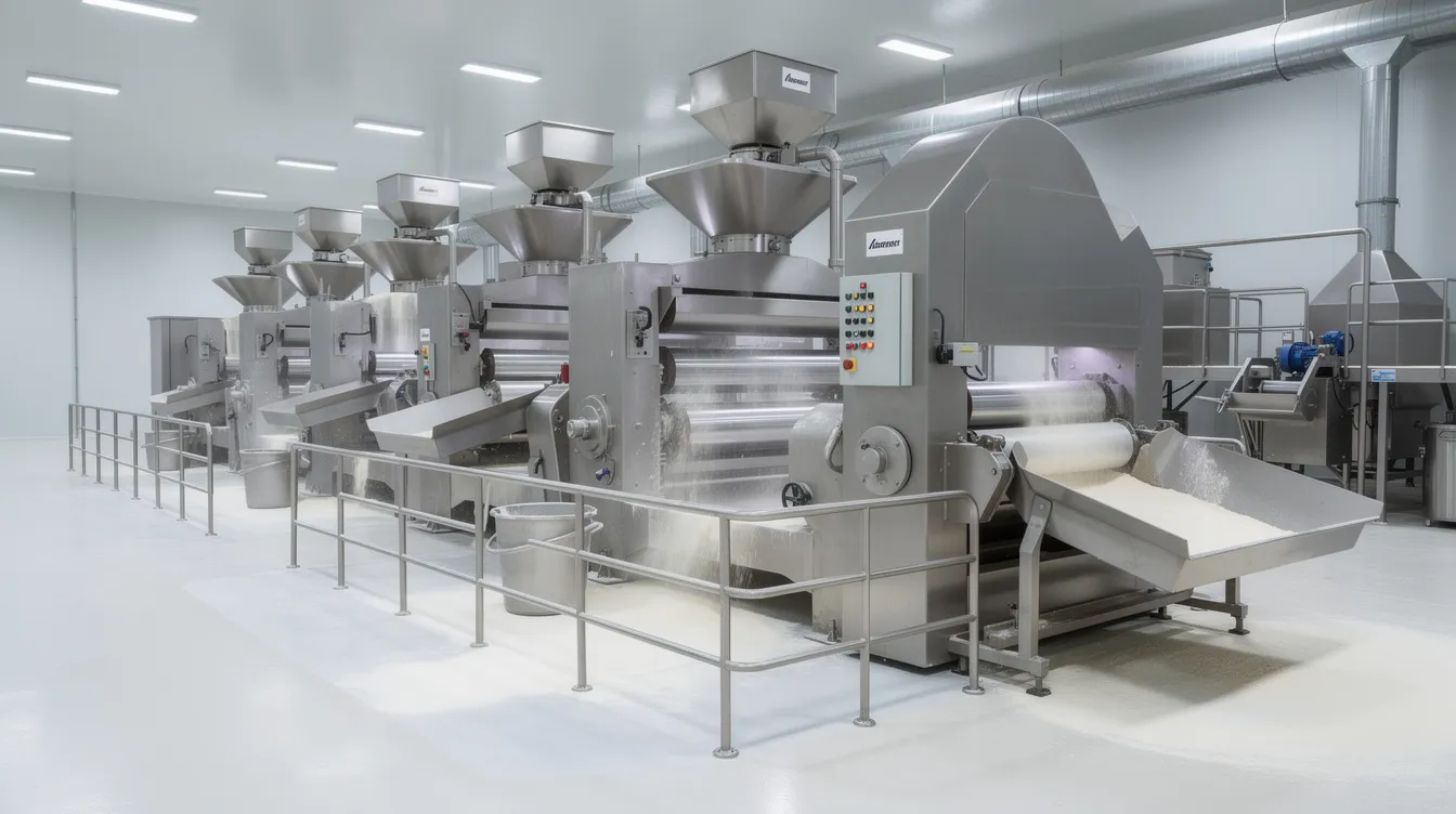 120bf4bc 3fbd 41bd 9306 8f6c2b2427ff The image features advanced stainless steel roller mill machinery inside a modern flour production facility, showcasing the essential equipment used in the flour mill industry to process wheat into various flour types, including whole wheat flour and enriched wheat flour. This machinery is crucial for meeting the increasing demand for baking flour and other wheat products in today's market.