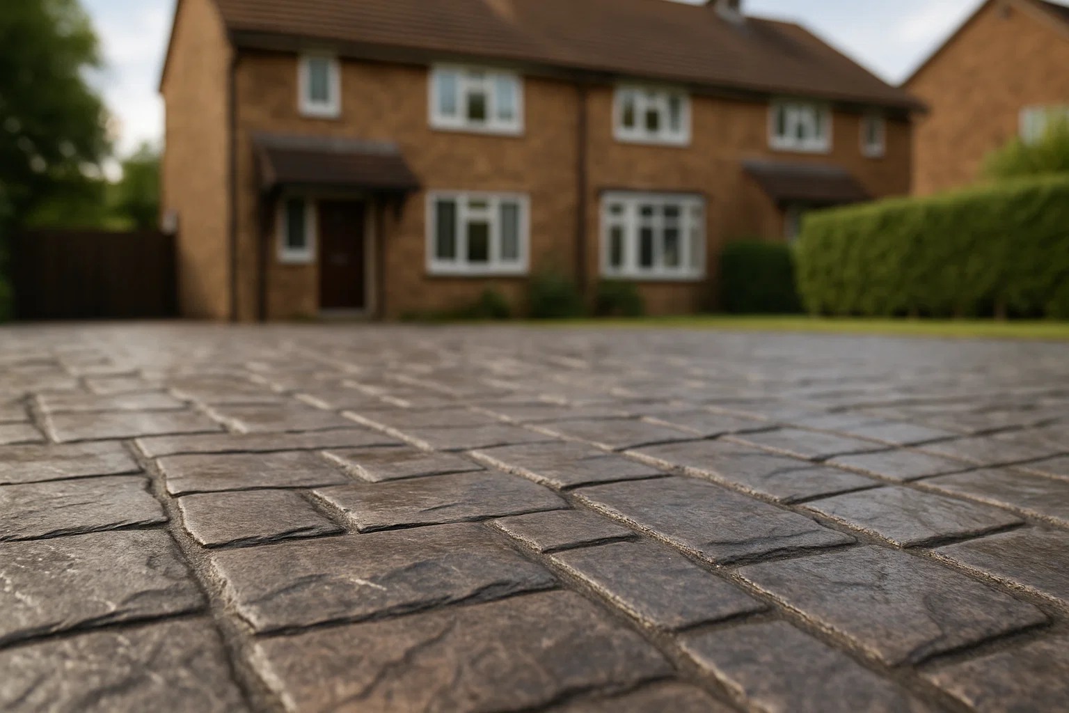 Close-up of a stamped concrete driveway with realistic stone-like texture and pattern.