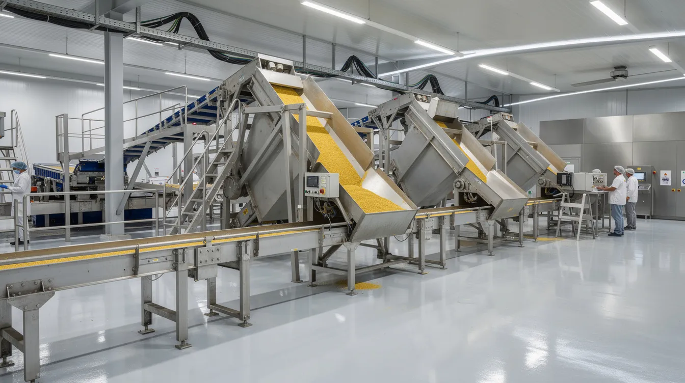 120e45f7 a604 42f4 962a 9552825280bc The image depicts a modern dal processing plant featuring advanced machinery, including conveyors and hoppers, designed for efficient operations in the food processing industry. This setup is ideal for processing various pulses like urad dal and chana dal, ensuring high quality output with minimal maintenance.