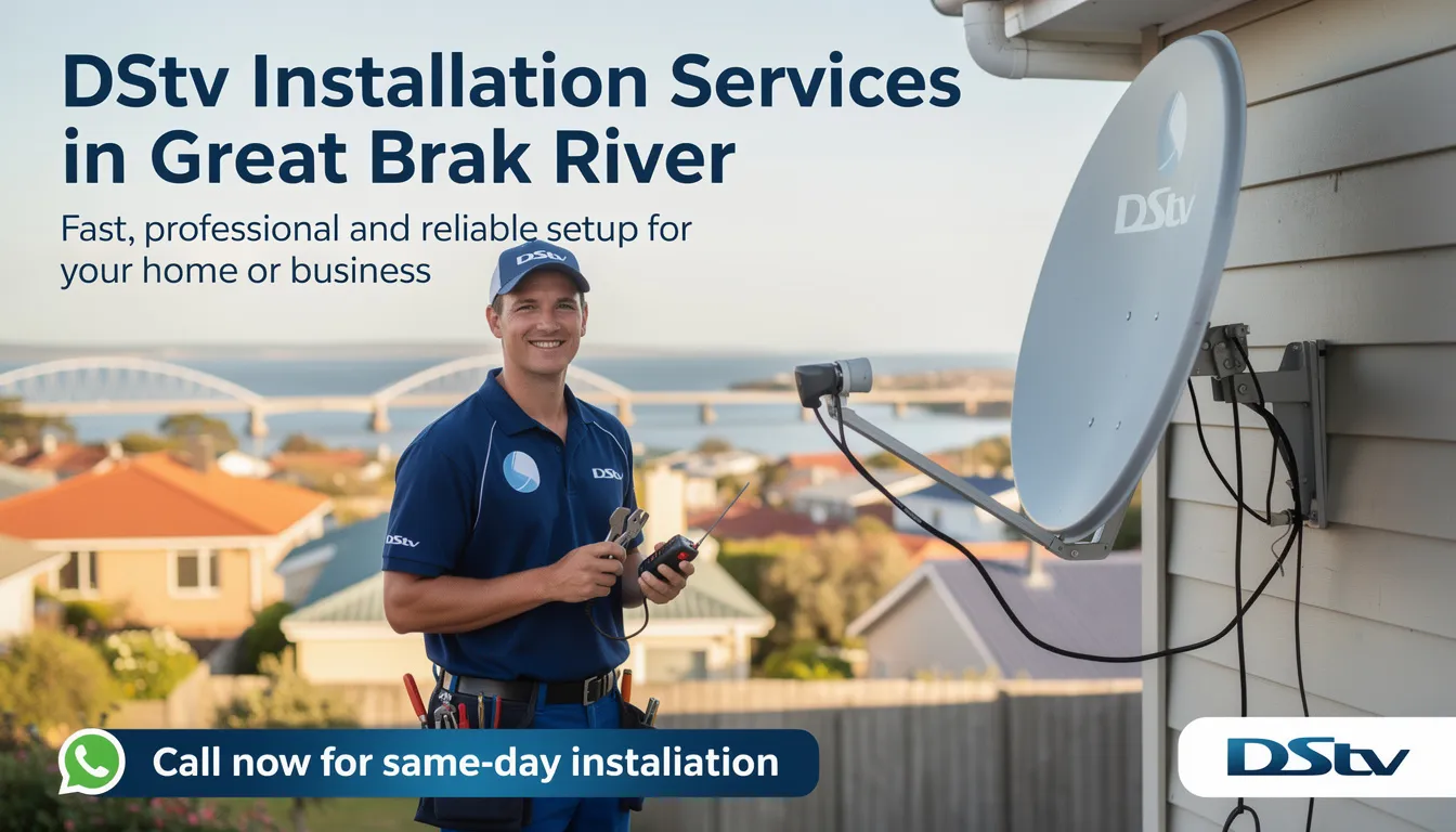 The image depicts a professional DStv installation service in Great Brak River, showcasing skilled technicians setting up a satellite dish and decoder for crystal clear viewing. The scene emphasizes the efficient and accredited DStv installers providing comprehensive installation services tailored to customer needs.