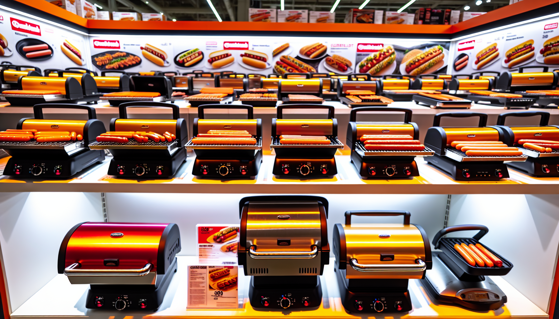 Various hot dog grills on display in a store