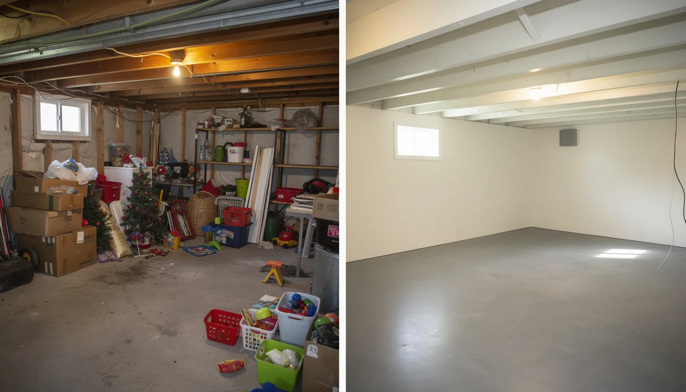 The image shows a Connecticut basement before and after an estate cleanout, with the before photo depicting a cluttered space filled with unwanted items and debris, while the after photo reveals a clean, empty area ready for use. This transformation highlights the efficiency of professional cleanout services that handle everything from furniture removal to scrap metal disposal, providing a stress-free experience for satisfied customers.