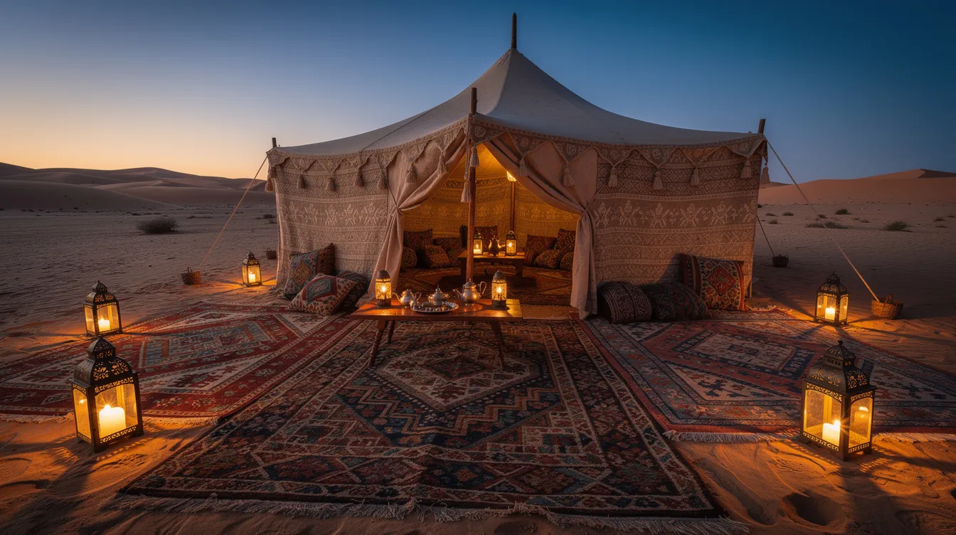 A serene Sahara desert camp at dusk features a beautifully decorated tent adorned with intricate Moroccan patterns, surrounded by patterned rugs laid on the sand and glowing lanterns that create a warm ambiance. The scene captures the essence of Moroccan style, blending rich colors and geometric shapes, evoking a magical atmosphere.