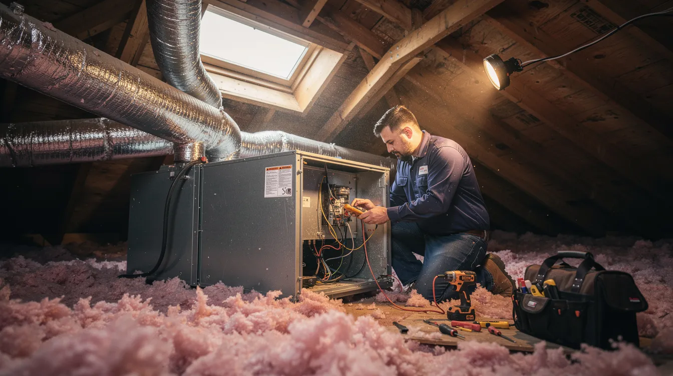 An HVAC technician is working on a Goodman air handler unit in an attic space, ensuring the equipment is properly installed for optimal home cooling performance. The technician is focused on maintaining the system to keep the home comfortable, highlighting the importance of quality installation for effective temperature control.