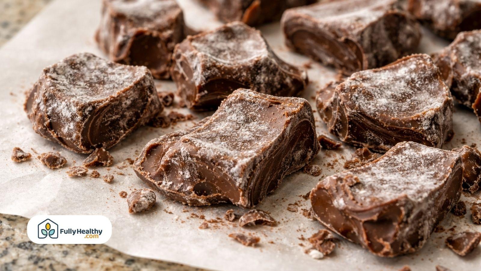 Chopped chocolate pieces showing bloom on surface after refrigeration storage