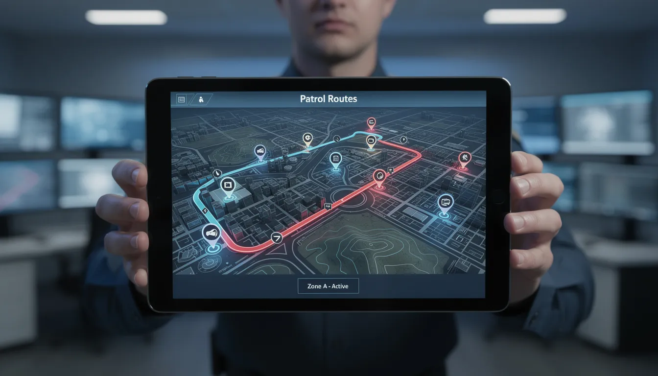 A person is holding a tablet displaying a digital map with highlighted patrol route markers, emphasizing the importance of mobile patrol services in maintaining safety and security. This image reflects the role of professional security guards in managing and monitoring various locations, ensuring a visible presence to deter potential threats.
