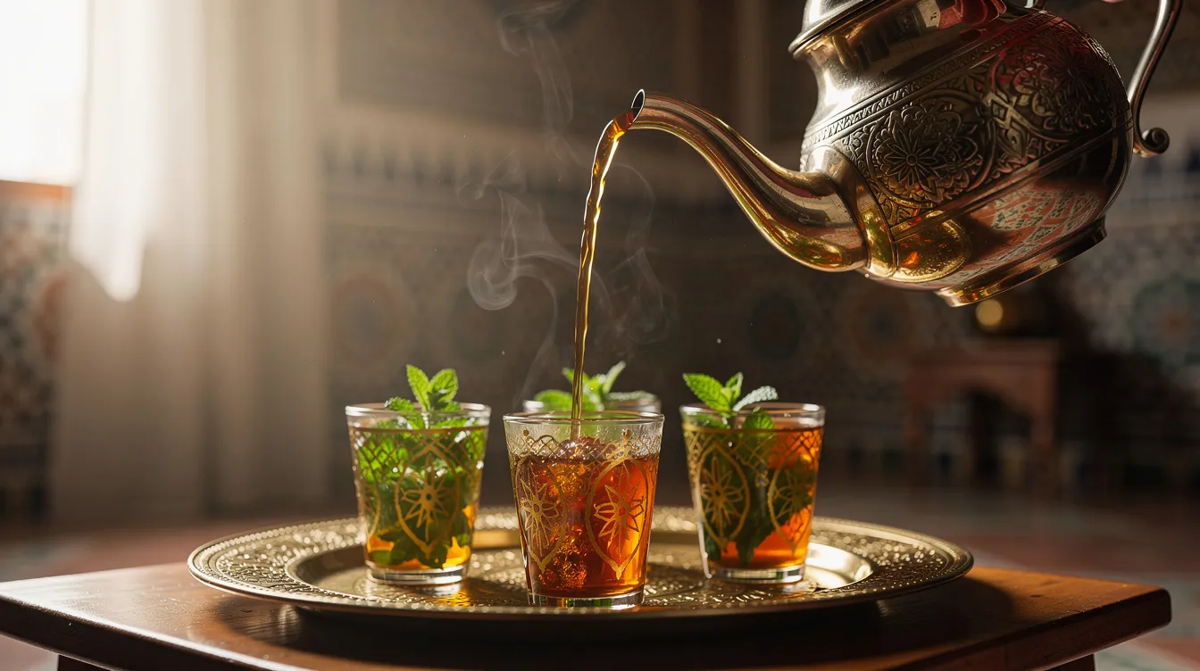 A traditional Moroccan mint tea ceremony is depicted, showcasing an ornate silver teapot pouring fragrant green tea into beautifully decorated glasses. This scene highlights the rich local culture and hospitality of Morocco, where mint tea is often enjoyed as a national drink, reflecting the country's customs and traditions.