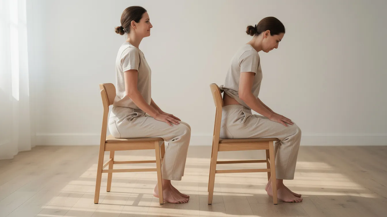A person is seated in a sturdy wooden chair, demonstrating a gentle spinal twist, with their left arm extended overhead and their right hand resting on their right thigh. This chair yoga exercise promotes better posture and helps improve flexibility while ensuring the individual feels comfortable and relaxed.