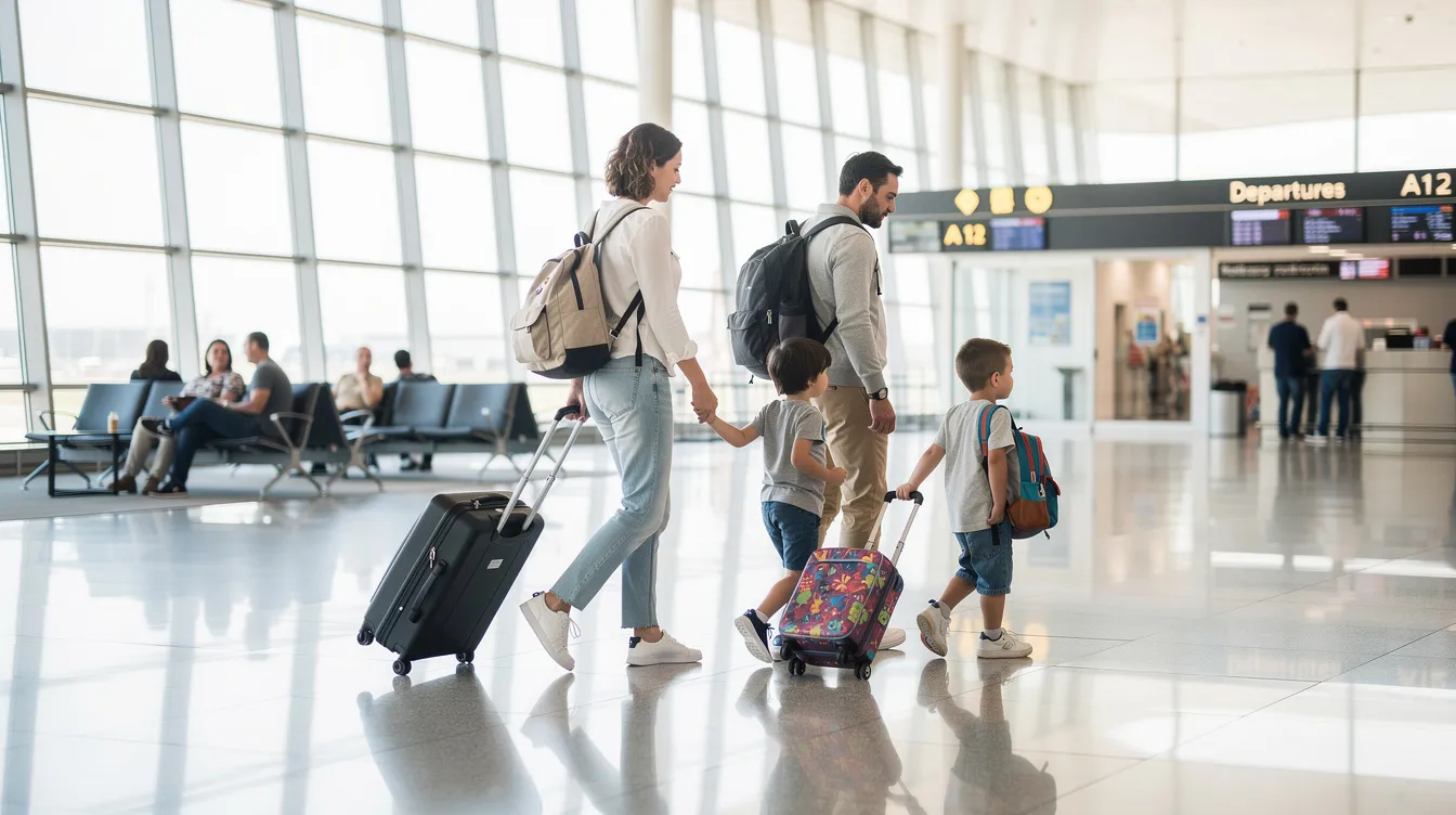 A family with young children is seen walking through an airport terminal, each carrying their own piece of luggage, as they prepare for their travel to the USA. The scene captures the excitement of future travel, emphasizing the importance of having a valid ESTA application or visitor's visa for their journey.