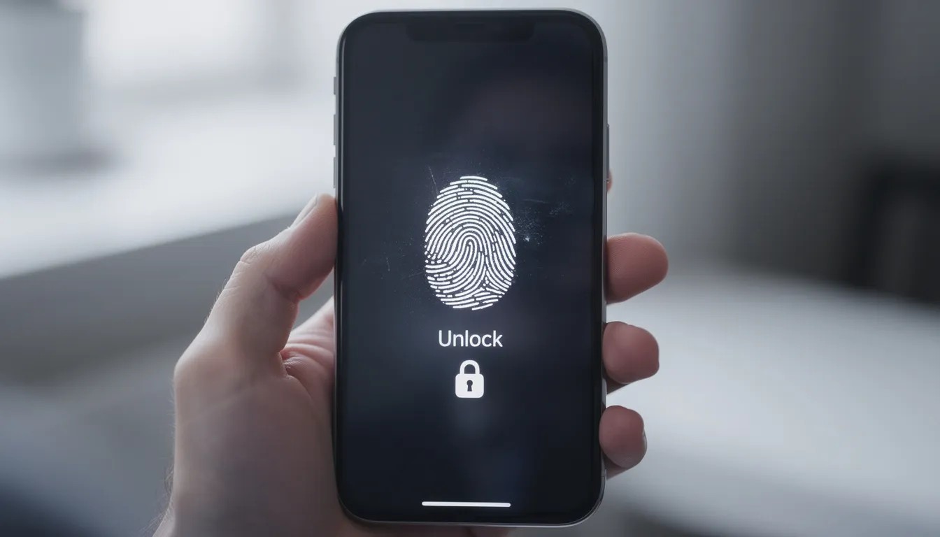 En person håller en smartphone med en symbol för fingeravtrycksautentisering på skärmen. Denna funktion kan användas för att enkelt och säkert logga in på olika tjänster, inklusive spel hos prank casino.