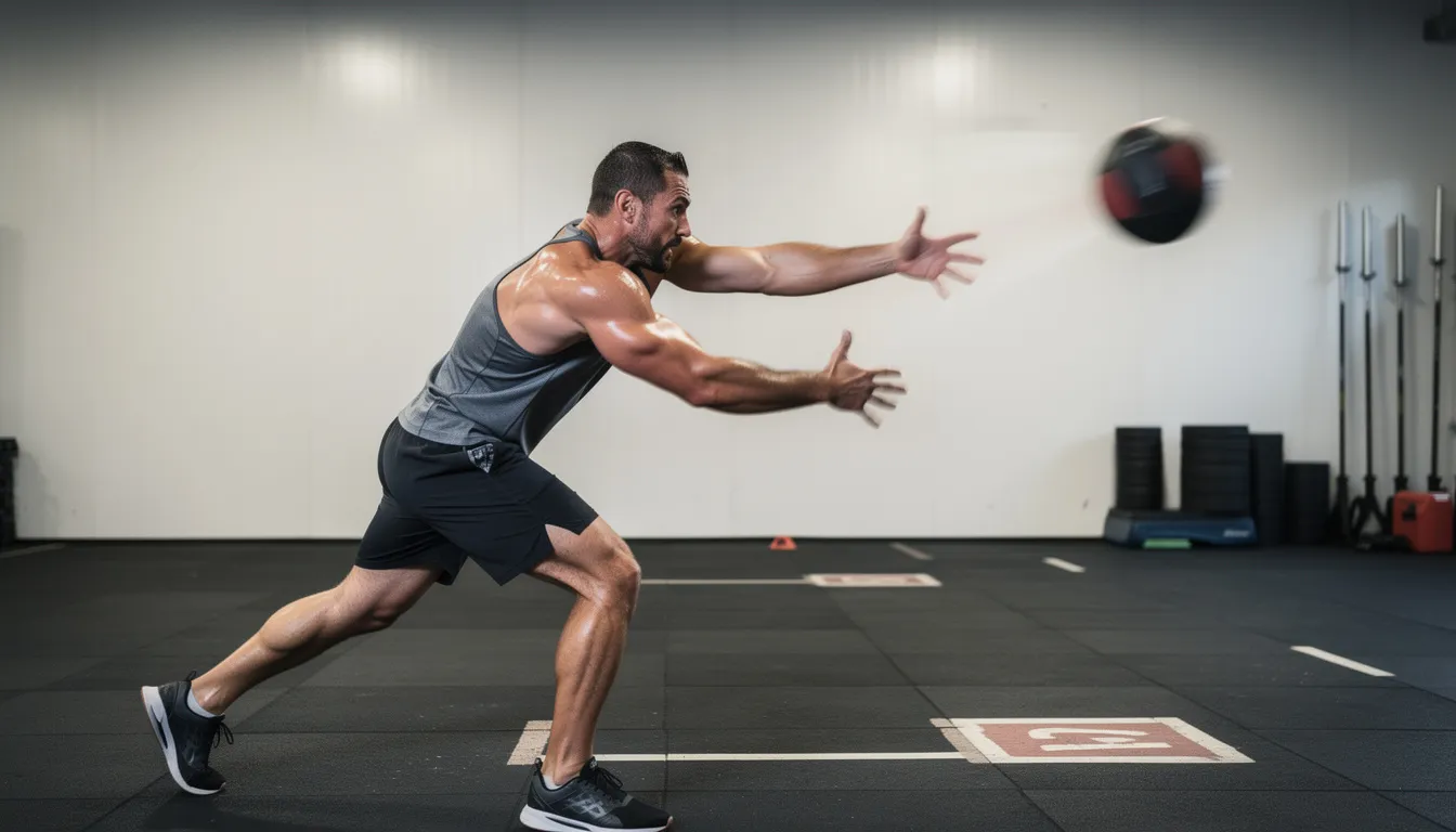 Ein Athlet führt explosive Rotationswürfe mit einem Medizinball gegen eine Hallenwand aus, um seine Wurfkraft und Koordination zu verbessern. Diese Übung ist ein wichtiger Bestandteil des Handballtrainings, da sie die Muskulatur der Schultern und des Rumpfes stärkt und die Wurfgeschwindigkeit erhöht.