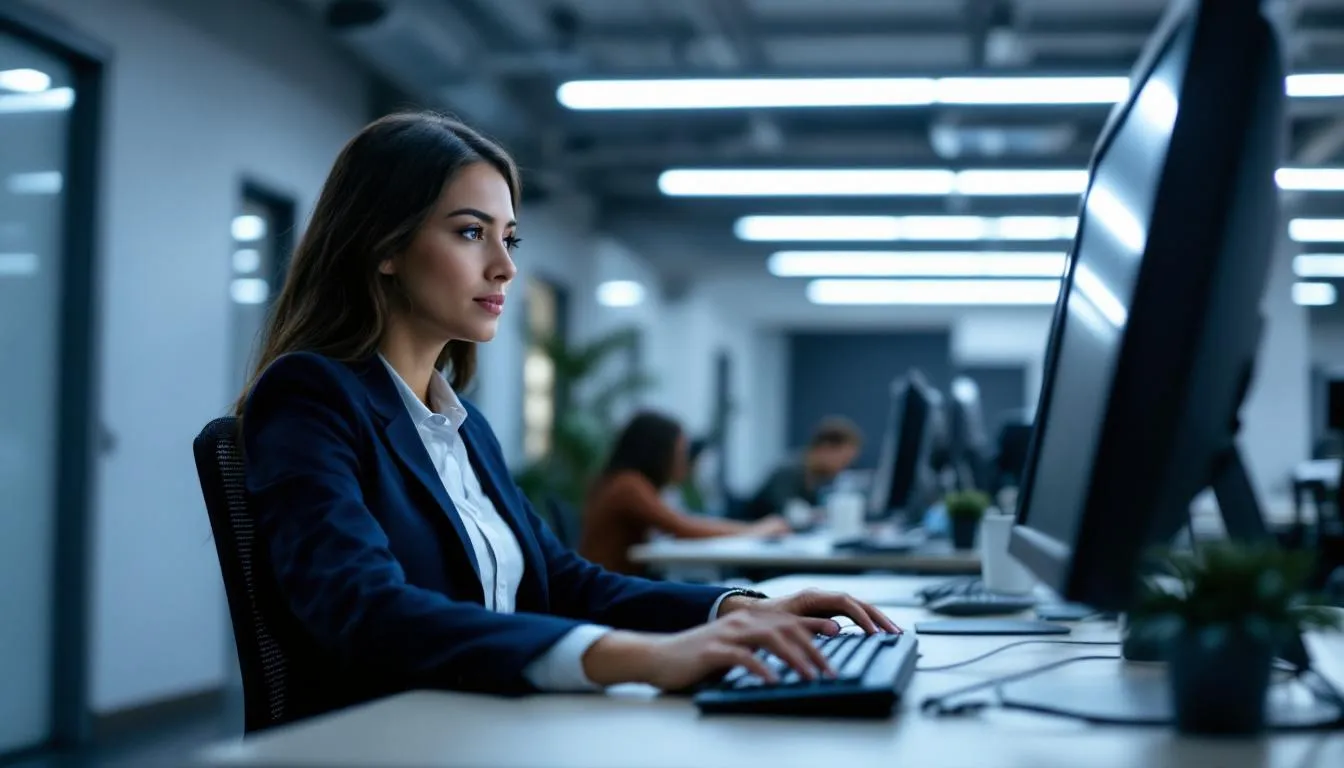 Betriebe:: In einem Büro während der Kurzarbeit ist eine Mitarbeiterin zu sehen, die an einem Computer arbeitet. Die reduzierte Arbeitszeit und der damit verbundene Arbeitsausfall sind deutlich spürbar, was auf die aktuelle Situation in vielen Betrieben hinweist.