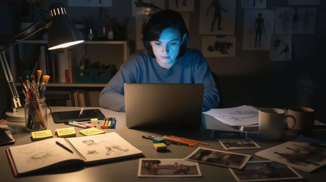 A person is working late at a desk, focused on their laptop surrounded by various creative tools, including sketchpads and digital devices. This scene reflects the integration of artificial intelligence in business processes, suggesting the potential for generating income through innovative ideas and AI-generated content.