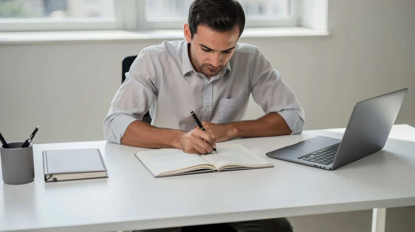 Een ondernemer zit geconcentreerd aan een opgeruimd bureau en maakt aantekeningen in een notitieboek, terwijl zijn laptop open staat. Deze setting benadrukt de duidelijke positionering en strategie die essentieel zijn voor het opbouwen van een sterk merk in een competitieve markt.