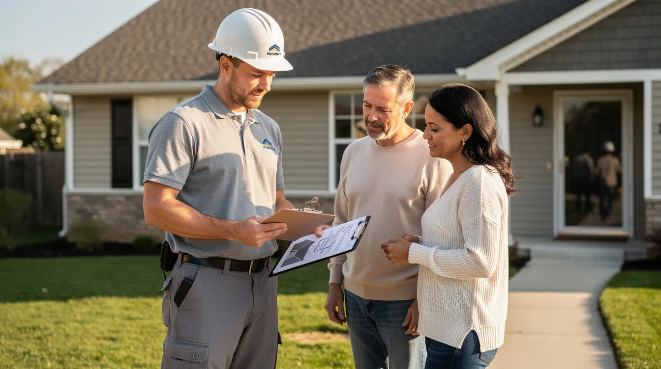 A roofing contractor is seen discussing a roof estimate with homeowners outside their house in Lakewood, Ohio. The scene highlights the importance of expert roofing services and quality work for roof replacement and repairs.