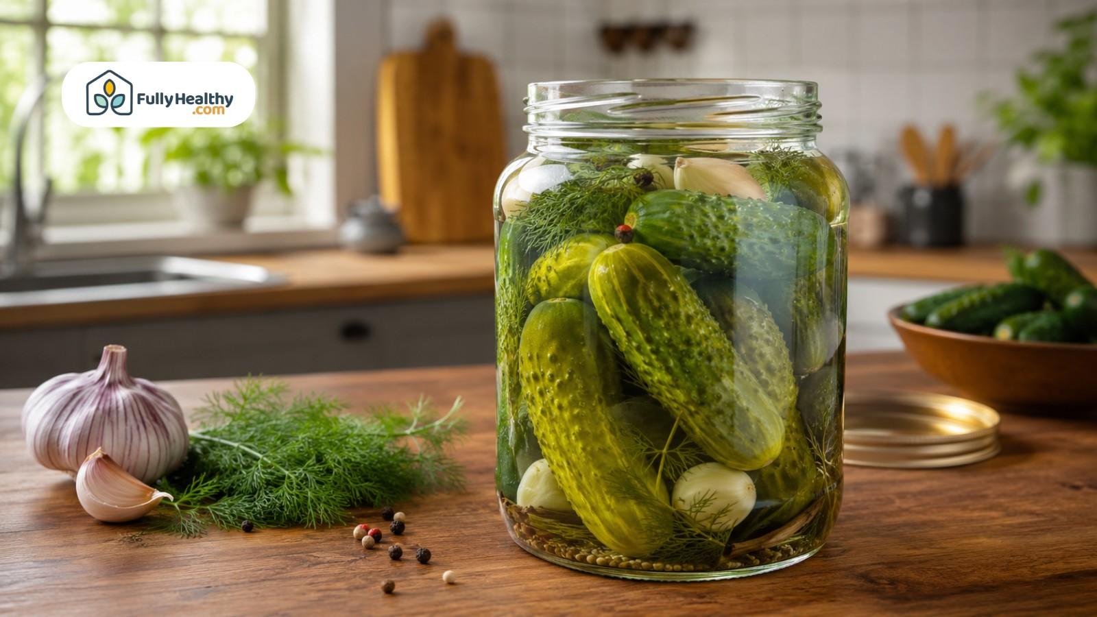Homemade pickle jar with dill, garlic, and spices on rustic kitchen table