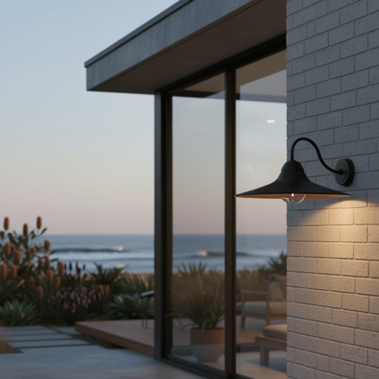 Japandi-style outdoor wall sconce with a black metal shade, mounted on a white brick wall, casting warm light in a serene outdoor space with a view of the beach at dusk.
