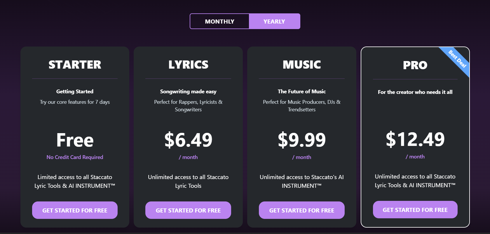 The pricing options for Staccato - from free to $12.49 per month.
