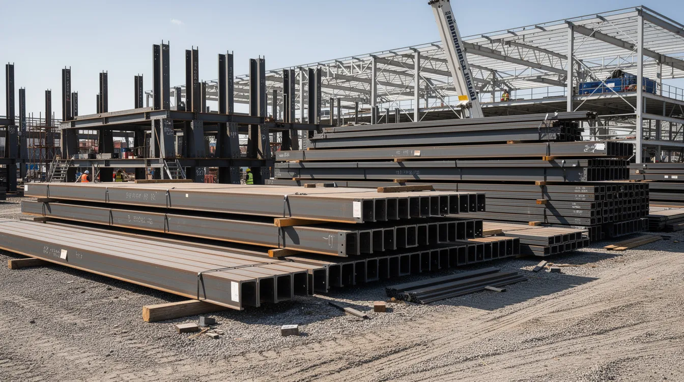 The image shows a construction laydown yard filled with stacked steel beams and structural steel members, essential components for infrastructure projects. These materials are crucial for clean energy projects and may qualify for domestic content bonus credits under the Inflation Reduction Act.