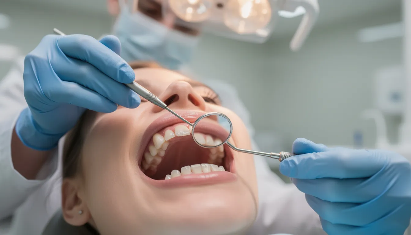 Na obrazie widać dentystę, który bada zęby pacjenta za pomocą lusterka dentystycznego. Specjalista zwraca uwagę na stan szkliwa i twardych tkanek zęba, co może pomóc w wczesnym wykryciu problemów, takich jak abrazja zębów czy nadwrażliwość zębów.