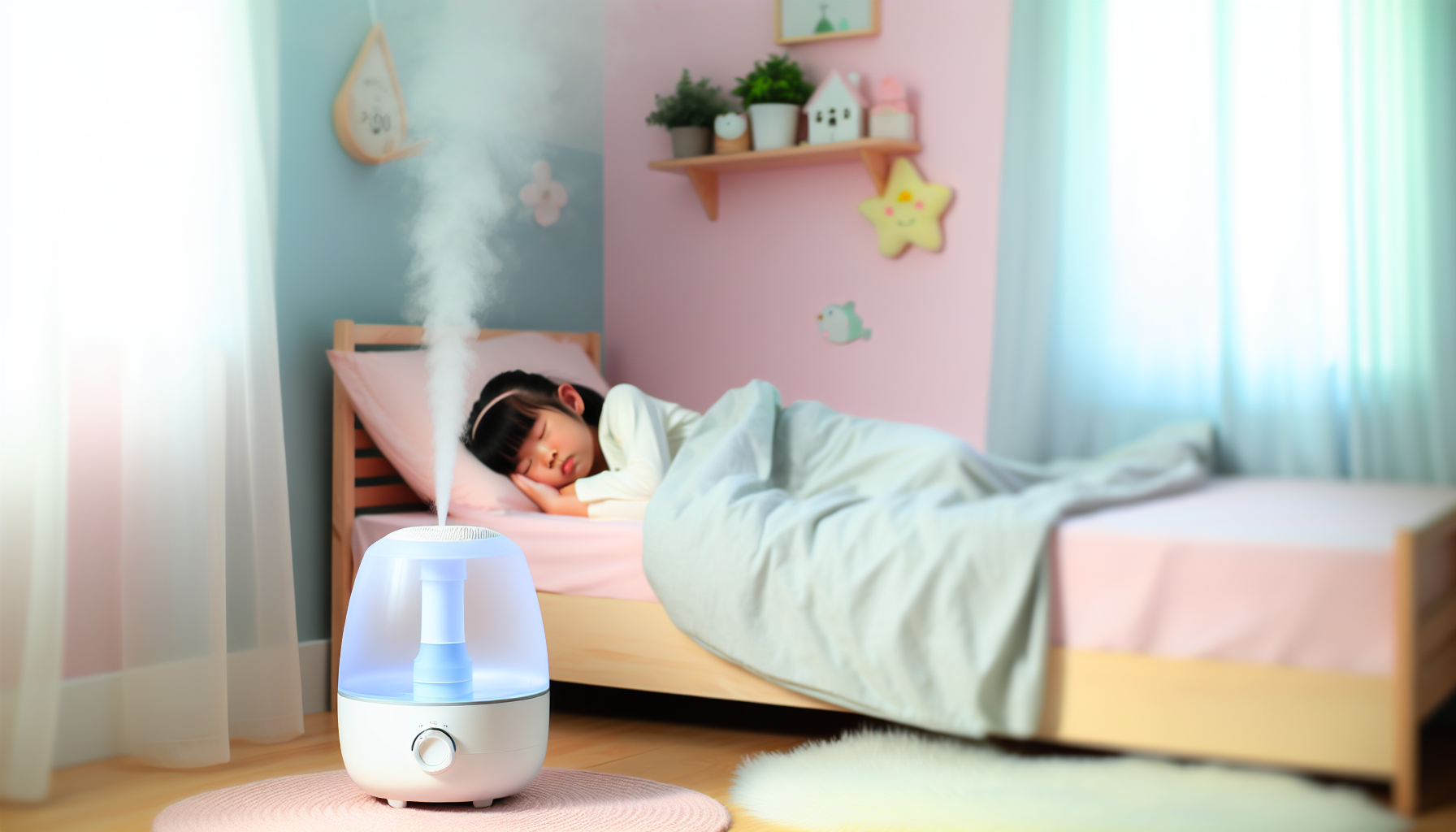 Child sleeping peacefully in a room with a cool mist humidifier