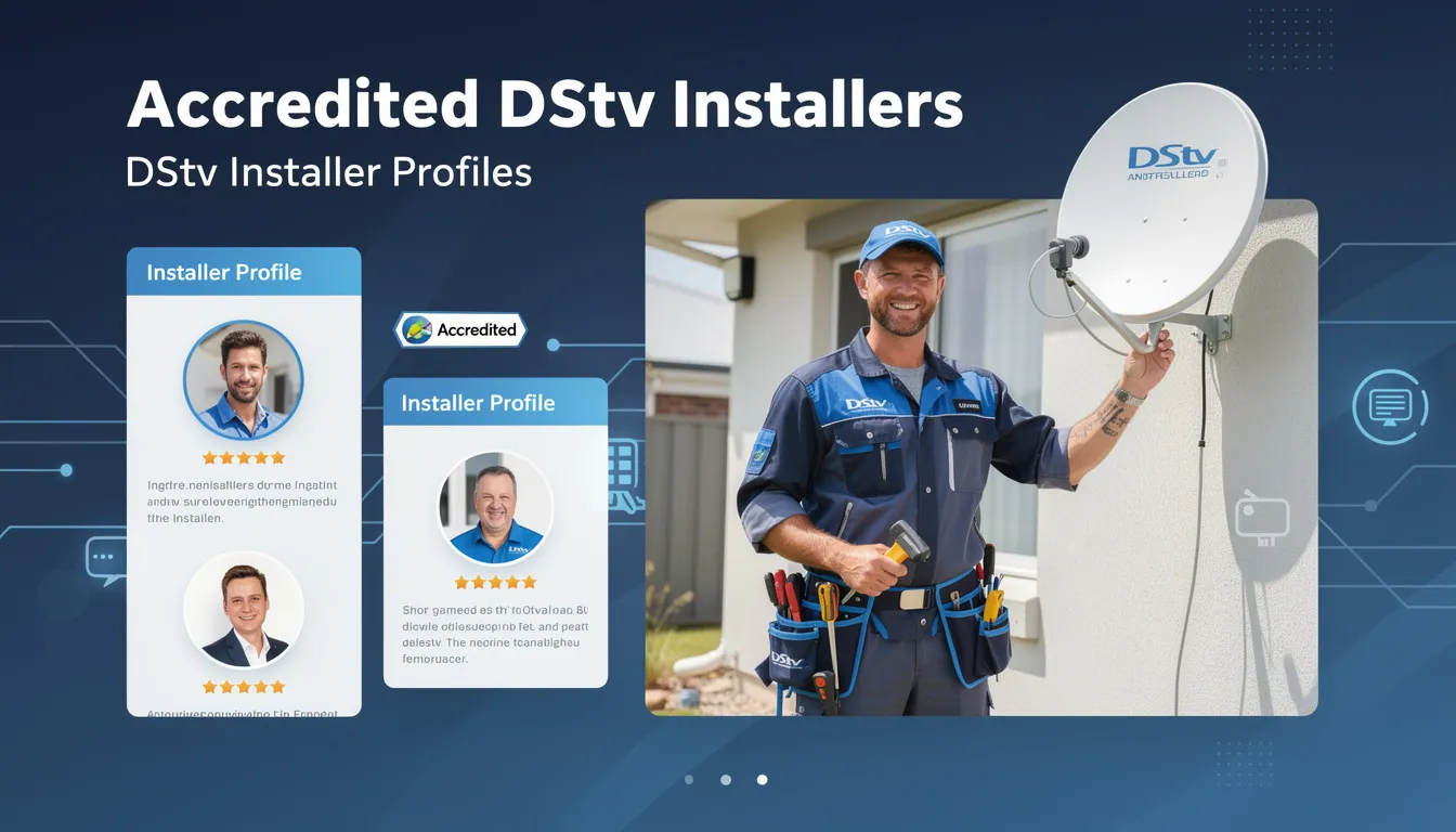 The image features a group of accredited DStv installers standing proudly with their tools and equipment, ready to provide professional DStv installation services. They represent a range of offerings, including dish installation, decoder setup, and signal repairs, ensuring quality service for customers in Velddrif.