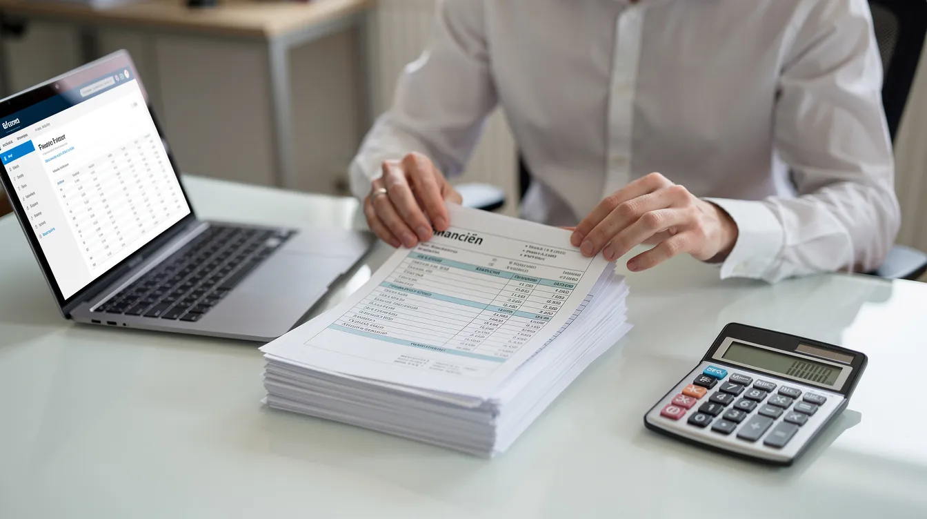 Een persoon is bezig met het sorteren van financiële documenten naast een laptop en een rekenmachine. Deze situatie benadrukt het belang van financiële planning en het inschakelen van een financieel adviseur voor het beheren van de persoonlijke financiële situatie.