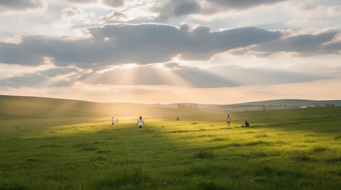 Die Sonnenstrahlen fallen durch die Wolken auf eine grüne Wiese, auf der mehrere Personen im Freien aktiv sind. Diese Szene verdeutlicht die Bedeutung von Sonnenlicht für die Bildung von Vitamin D, das für die Gesundheit von Knochen und Zähnen unerlässlich ist.