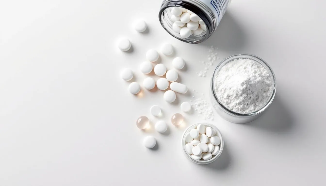 The image displays various forms of magnesium supplements, including magnesium oxide, magnesium sulfate, and magnesium glycinate, neatly arranged on a white surface. These supplements are often used in managing restless legs syndrome and improving sleep quality by addressing magnesium deficiency and enhancing nerve and muscle function.