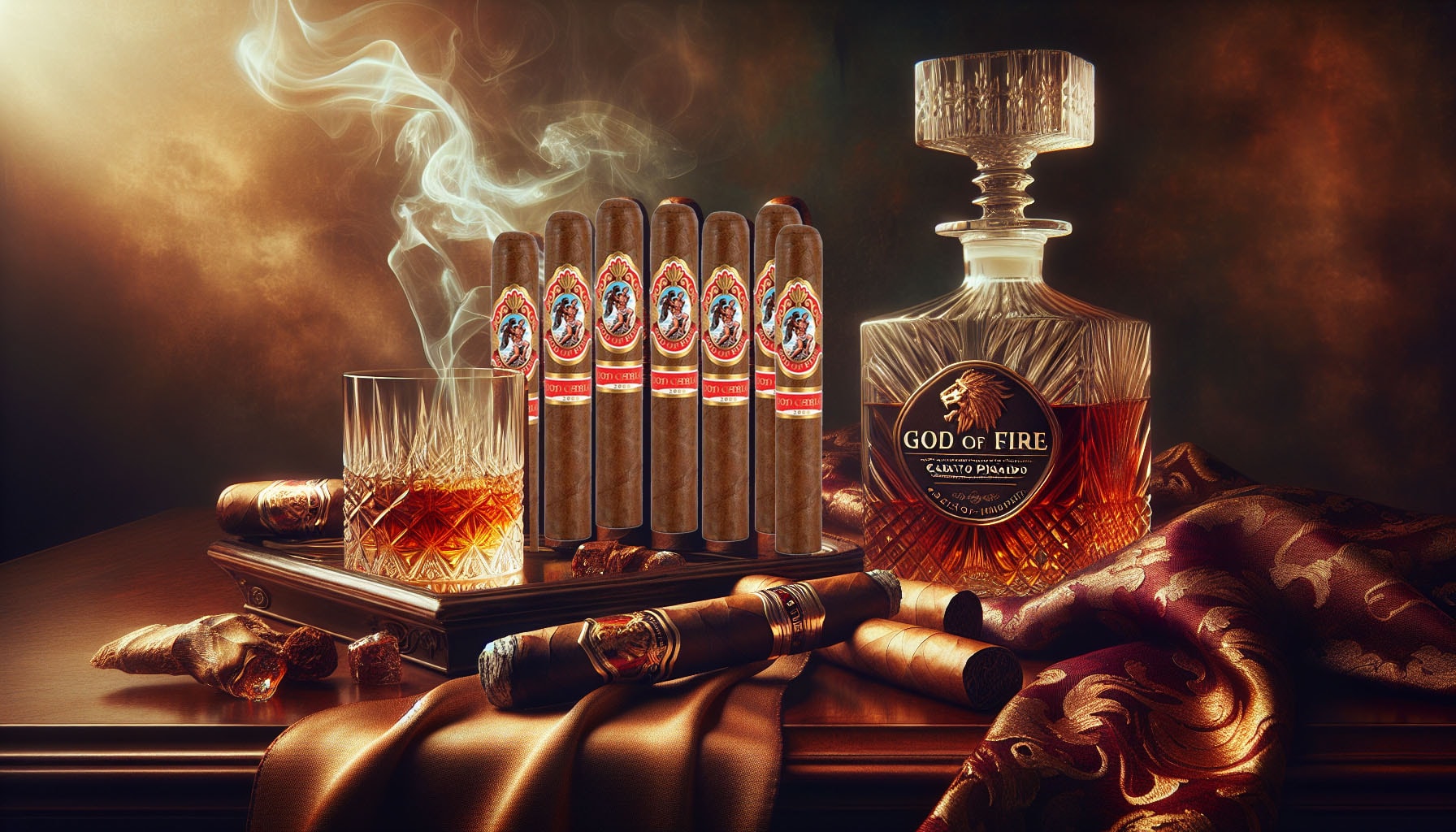 An illustration showcasing God of Fire By Don Carlos Robusto, perfect for connoisseurs, with a sophisticated background.