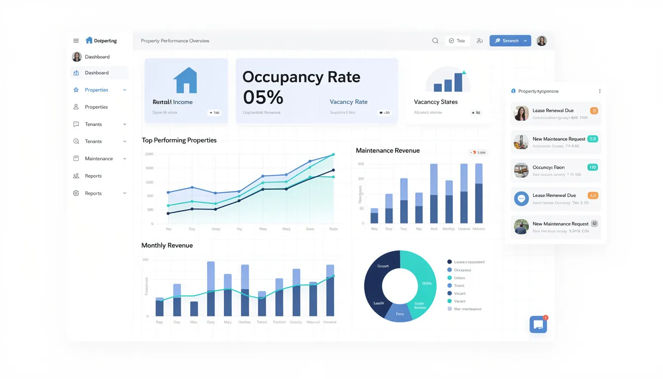 The image features an analytics dashboard displaying key performance indicators (KPIs) for property management, including charts that illustrate financial management aspects such as rental income, tenant satisfaction, and maintenance tracking. This dashboard serves as a vital tool for property managers and owners to streamline operations and ensure compliance with local and federal laws.