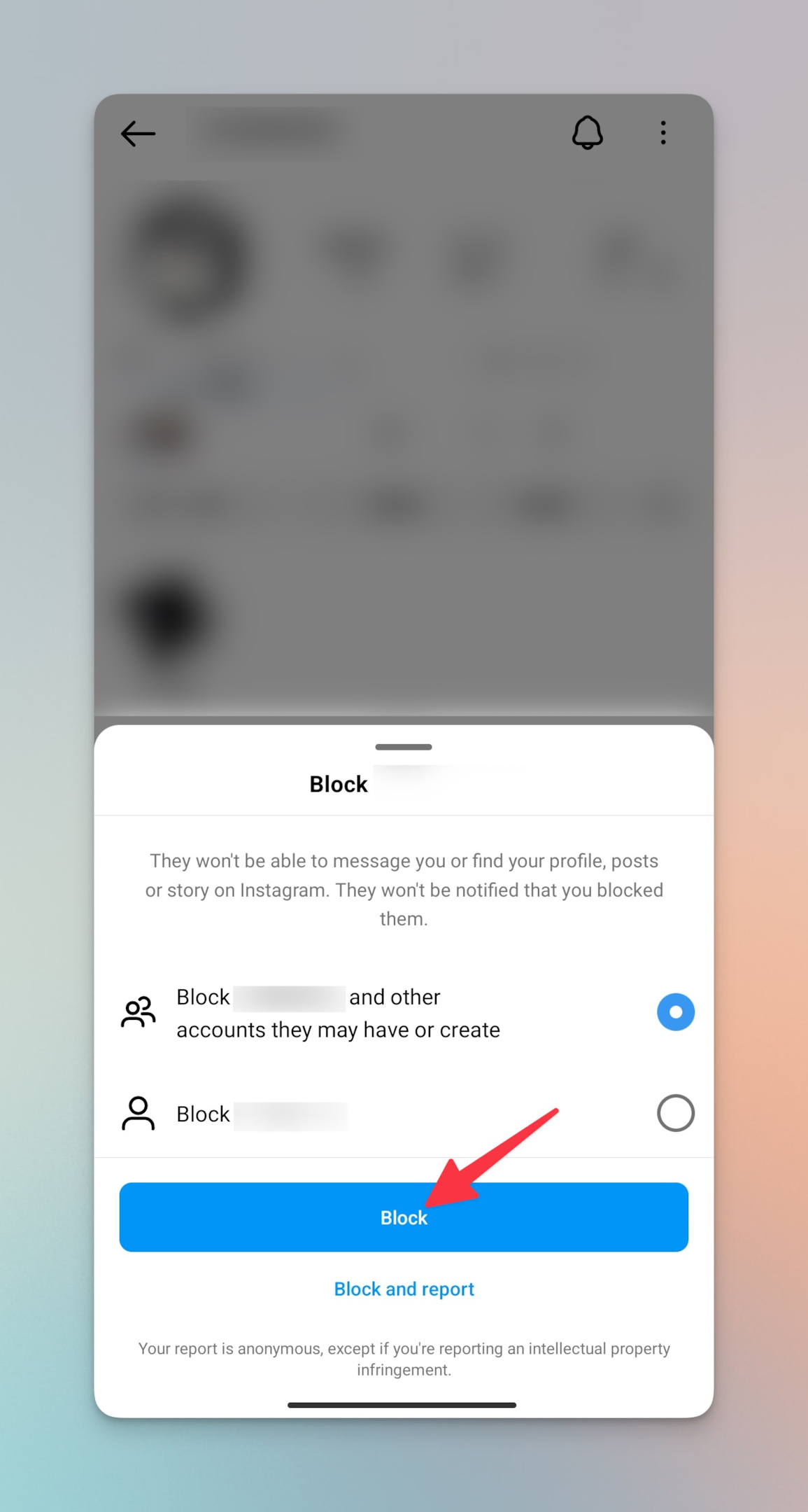 Remote.tools pointing to block button to switch to private mode on Instagram