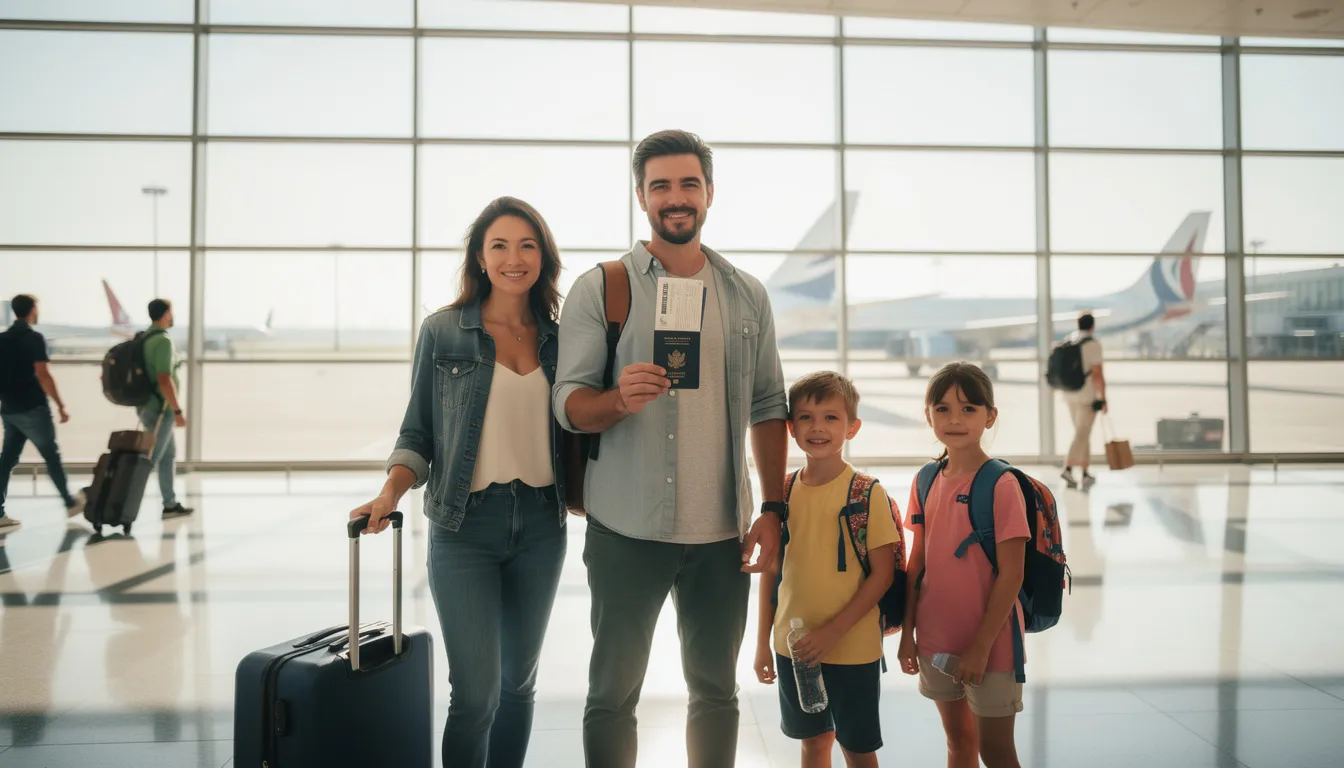 A family is at an international airport, holding a valid passport as they prepare for their upcoming international flight. They appear excited and ready for their journey, showcasing the essential travel documents needed for border security and immigration declaration.