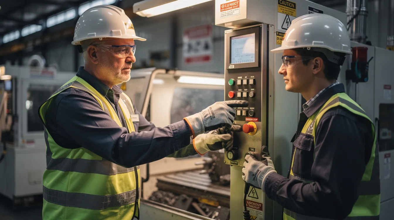 A mentor demonstrating proper technique to an apprentice on industrial equipment in the workplace.