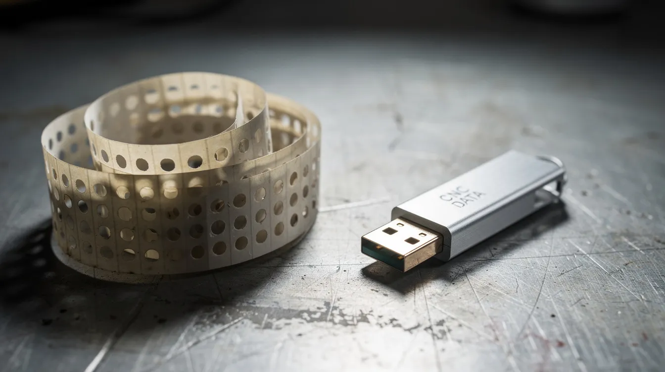A vintage punched paper tape is coiled next to a modern USB drive on a metal workbench, illustrating the evolution from numerical control (NC) machines to advanced computer numerical control (CNC) technology in the manufacturing industry. This juxtaposition highlights the shift towards precision machining and automation in today's machining operations.
