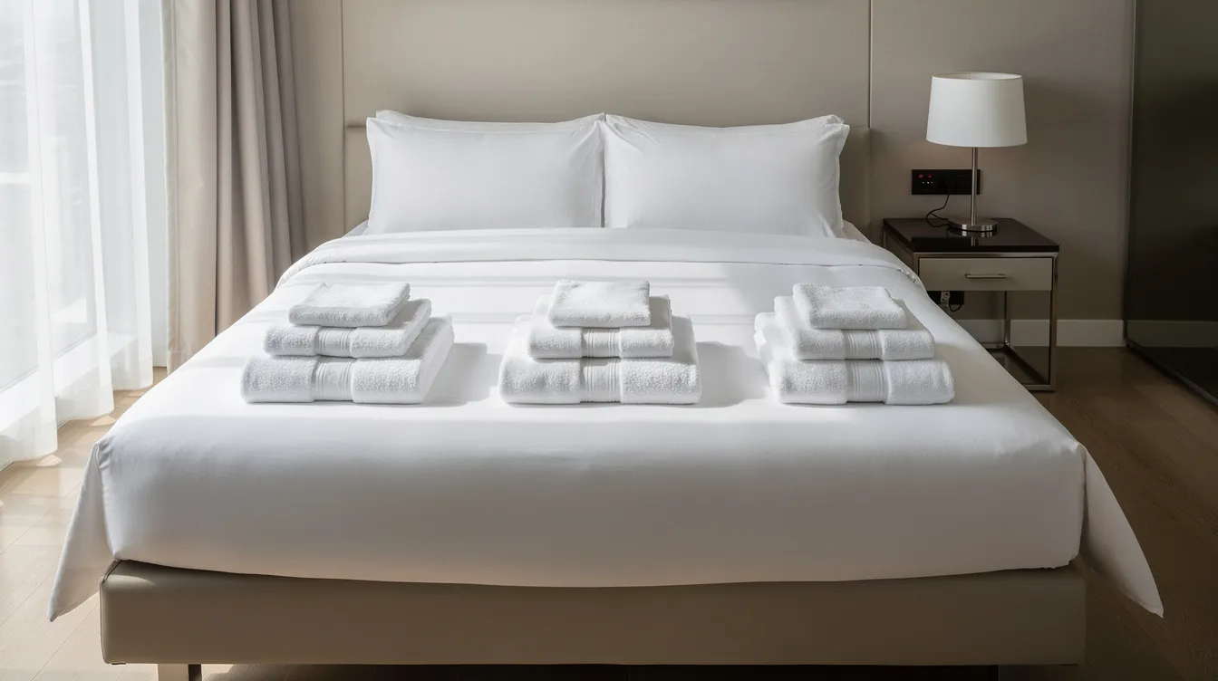 A neatly arranged display of white towels and fresh bed linens is placed on a hotel bed in a clean, modern room, highlighting the hotel's commitment to guest satisfaction and the quality of its laundry services. This setup reflects the convenience and professionalism of hotel laundry services, ensuring guests enjoy a comfortable stay.