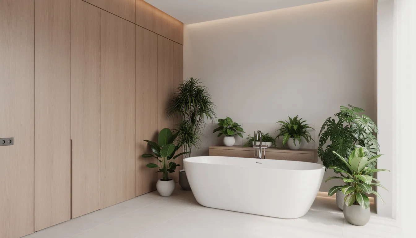 Een moderne badkamer met lichtbruine houtlook wandpanelen die een natuurlijke uitstraling geven, naast een vrijstaand bad omringd door groene planten. De combinatie van de houtlook panelen en de natuurlijke elementen creëert een gezellige en stijlvolle sfeer.