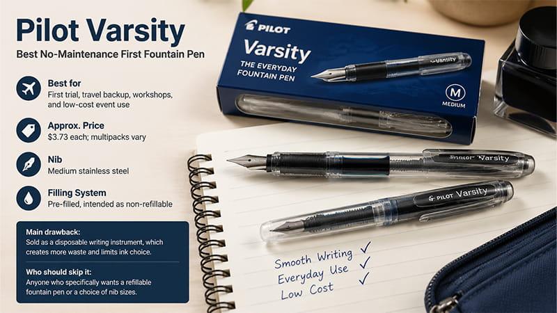 Pilot Varsity first fountain pen for beginners showing pre-filled design, stainless steel nib, and everyday writing use