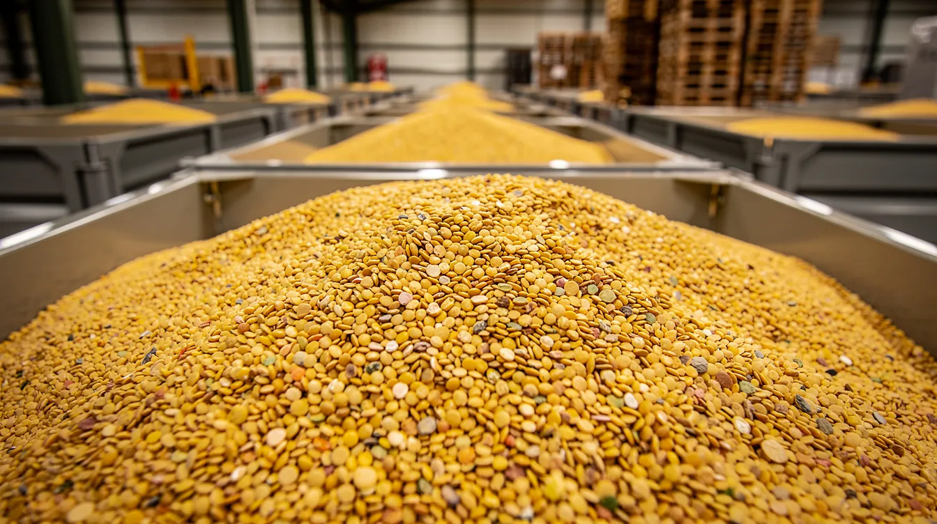 A close-up view showcases large industrial storage bins filled with yellow split peas, highlighting their role as raw materials in the starch industry. This image reflects the essential elements of the manufacturing process, including starch extraction and subsequent processing for various food products.