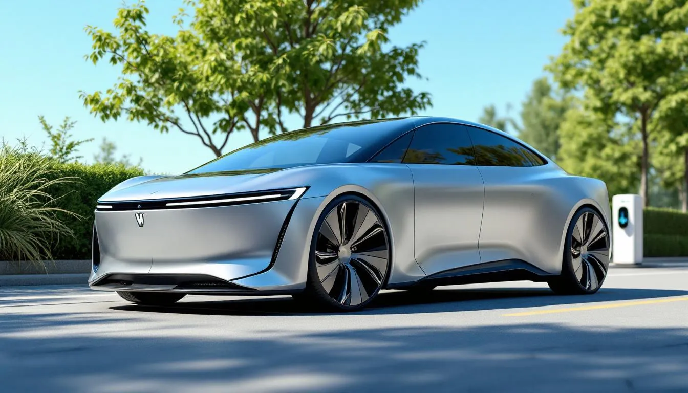 The image showcases a sleek, fuel-efficient car parked in an urban setting