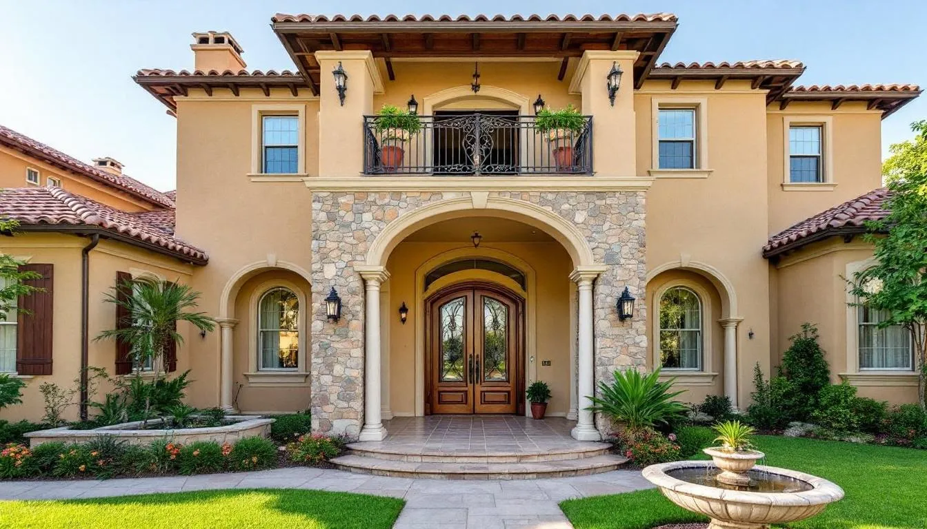 The image showcases the grand entrance of an exceptional two-story Mediterranean estate home, featuring elegant double glass doors that lead into a luxurious living space. Surrounded by lush organic landscaping, this stunning property embodies the tranquil modern elegance associated with Quail West, a prestigious golf community in Naples, Florida.