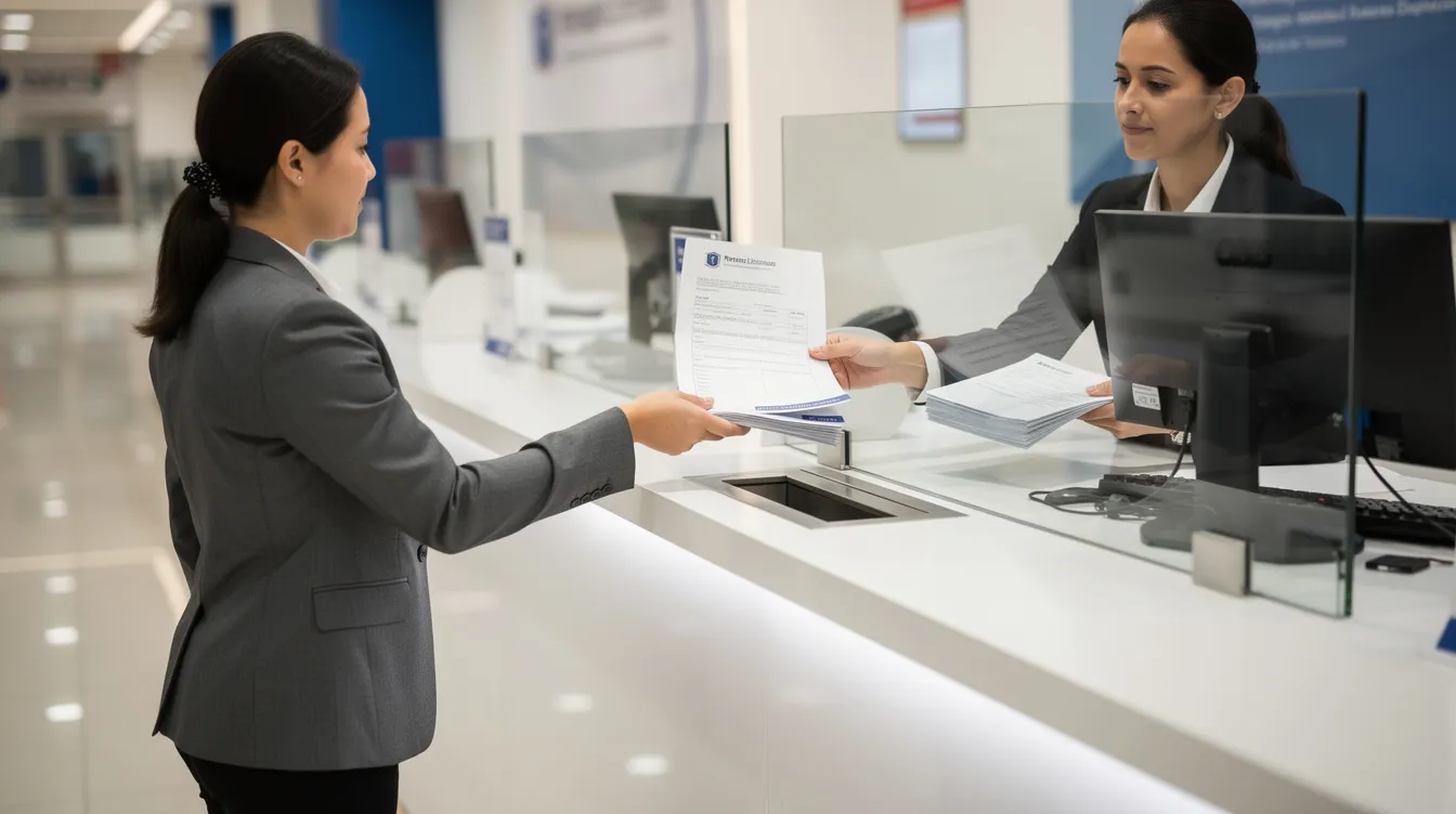 1234218f 5a2a 4979 9745 32a1588b0a2f The image depicts a person at a bank counter window, collecting documents necessary for a loan application under the Pradhan Mantri Mudra Yojana. This individual appears focused and organized, likely preparing to submit proof of their eligibility for financing to support their micro enterprise.