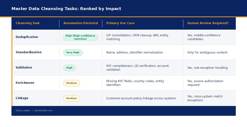 A table highlighting the core master data cleansing tasks according to priority and impact