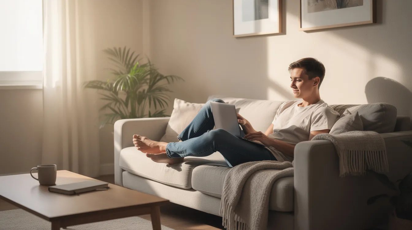 A person is sitting comfortably on a couch with a laptop in a calm living room filled with natural light, creating a supportive environment for online therapy and personal growth. This scene reflects the accessibility of virtual care services in the mental health field, allowing individuals to engage in therapy from the comfort of their home.