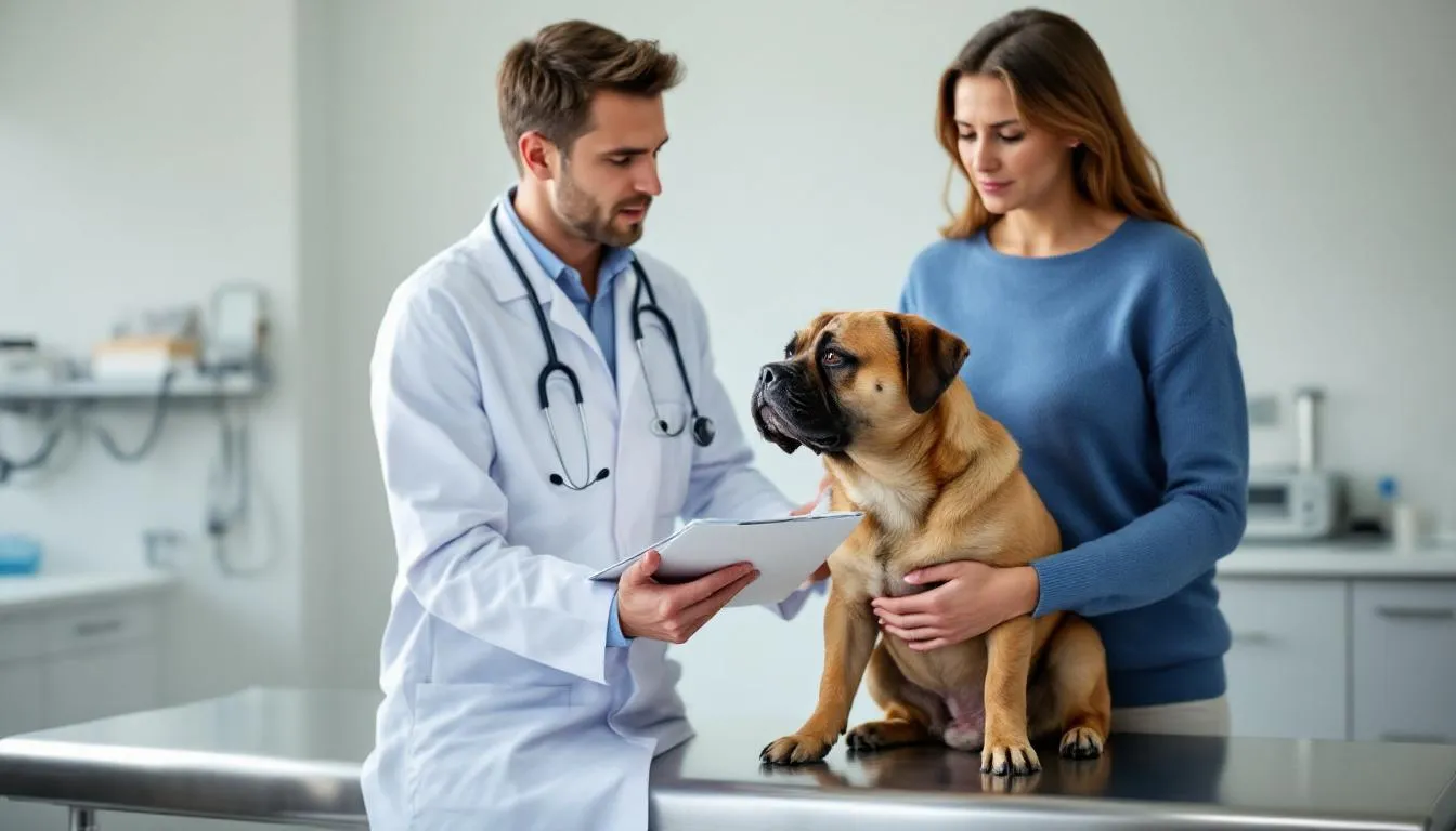 A veterinarian is examining a concerned dog while the owner looks on, highlighting the importance of regular check-ups for a dog