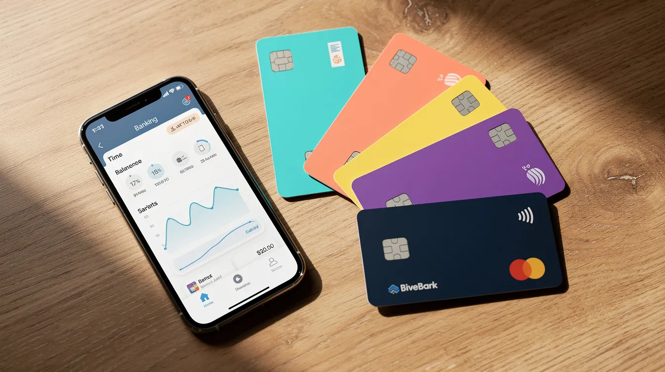 The image features a collection of colorful debit cards alongside a smartphone, all arranged neatly on a wooden table. This setup represents the concept of digital wallets and mobile payments, highlighting the convenience of managing money digitally for tasks such as online shopping and bill payments.
