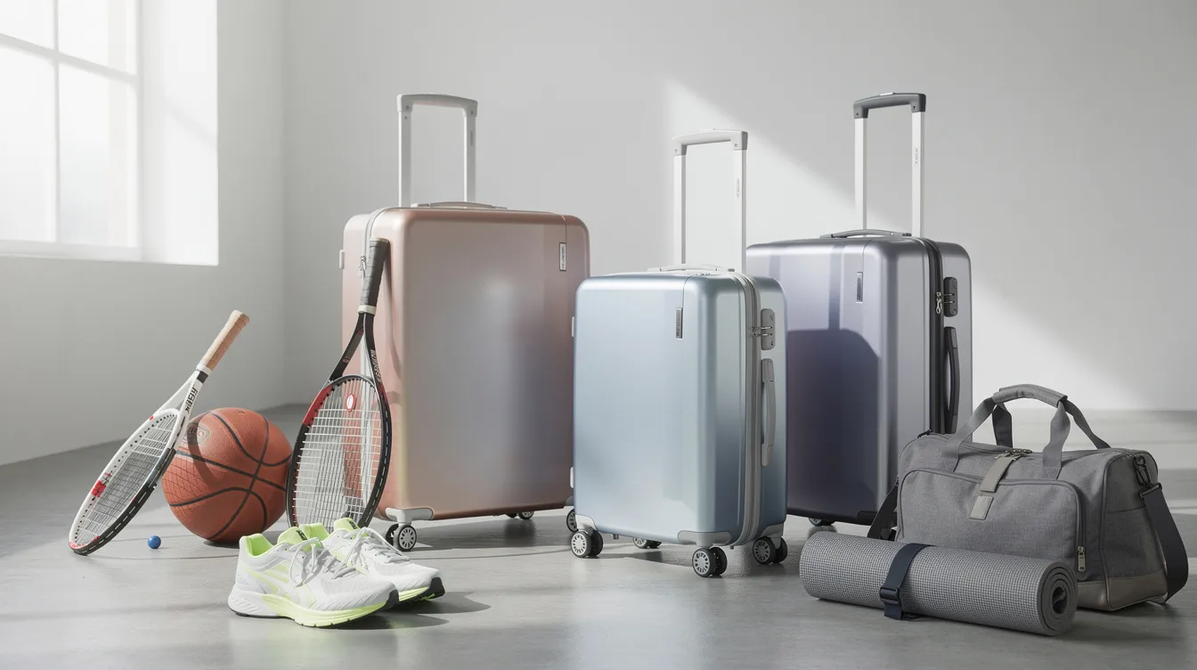 In een lichte ruimte staan moderne reiskoffers en sportartikelen van het merk Princess, waaronder sportgear van Princess Traveller. De producten zijn kleurrijk en goed georganiseerd, wat een uitnodigende sfeer creëert voor reizigers en sportliefhebbers.
