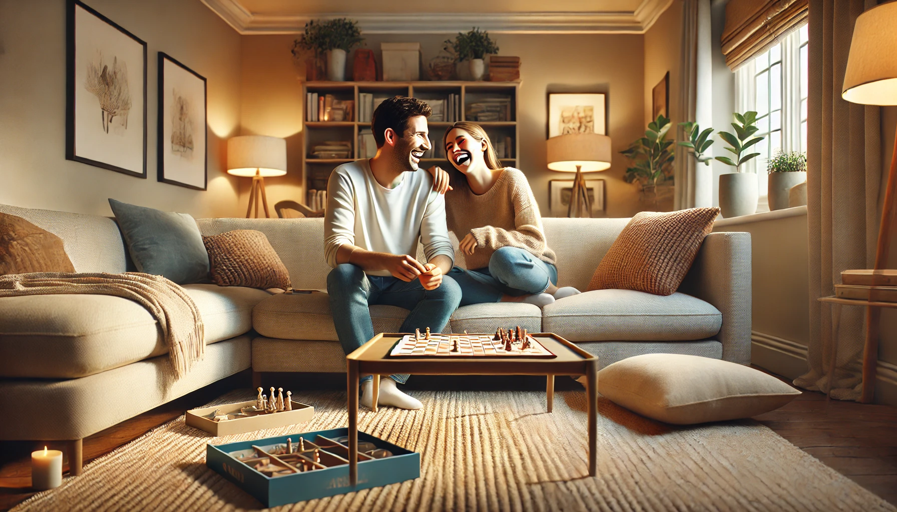 A couple sitting on a couch laughing together while playing a board game